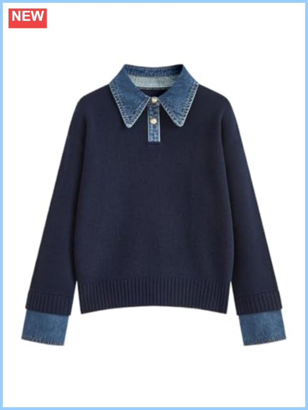 Women's Knit Pullover Sweater with Denim Panel Collar, Long Sleeve Loose Fit Top